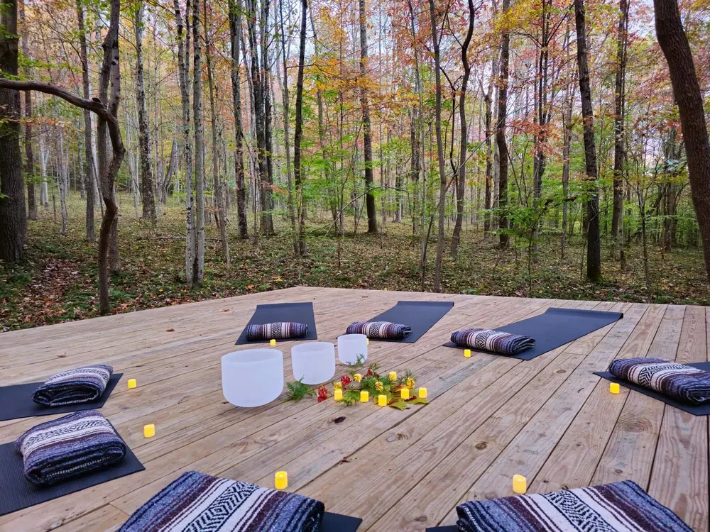Sound bath bowls set on the forest path for the wellness opening of a group art workshop day