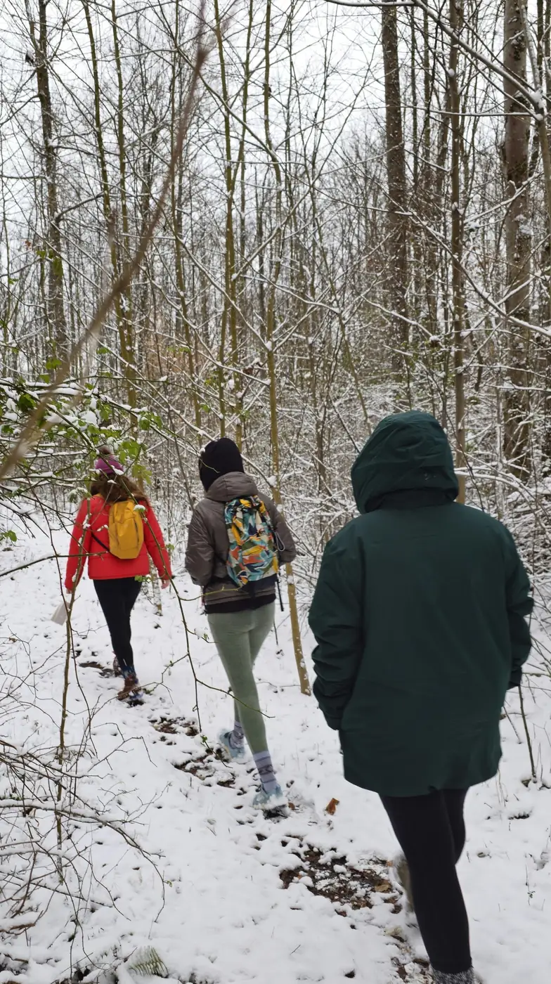 Guests hiking the private wellness trail through the 58-acre preserve