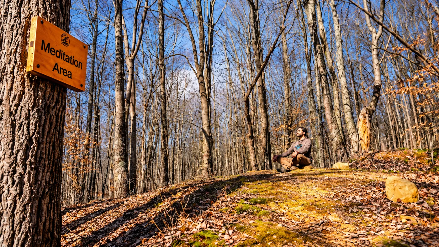 A guest meditating in the signed meditation area on the wellness trail under bare spring trees