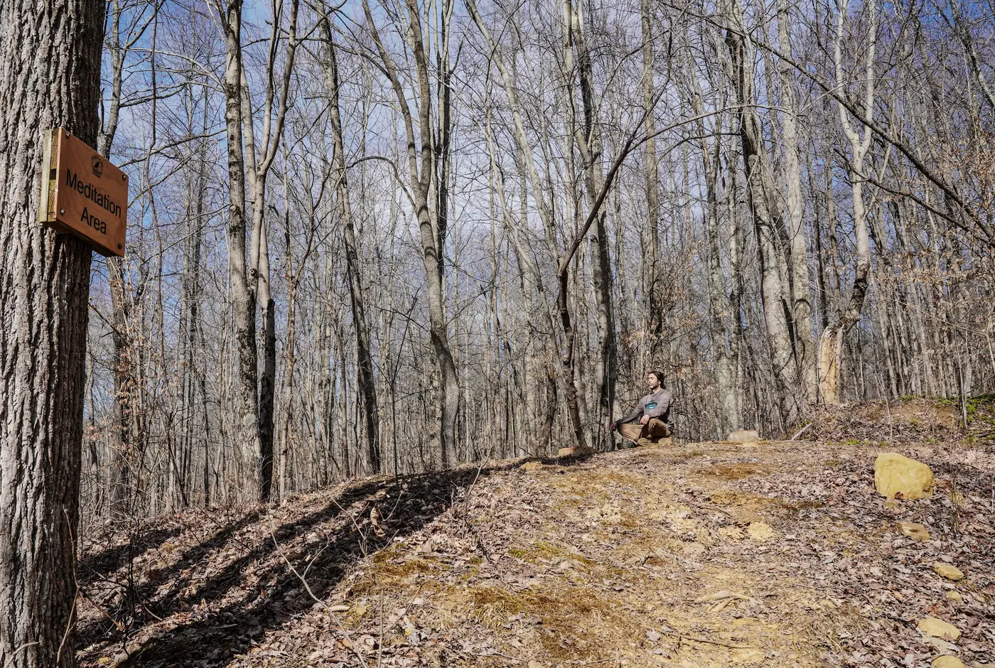 A signed meditation area beside the wellness trail through the old-growth forest