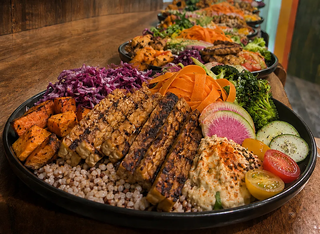 Colorful plant-based bowls with grilled tofu and fresh vegetables at Raven’s Retreat Hocking Hills