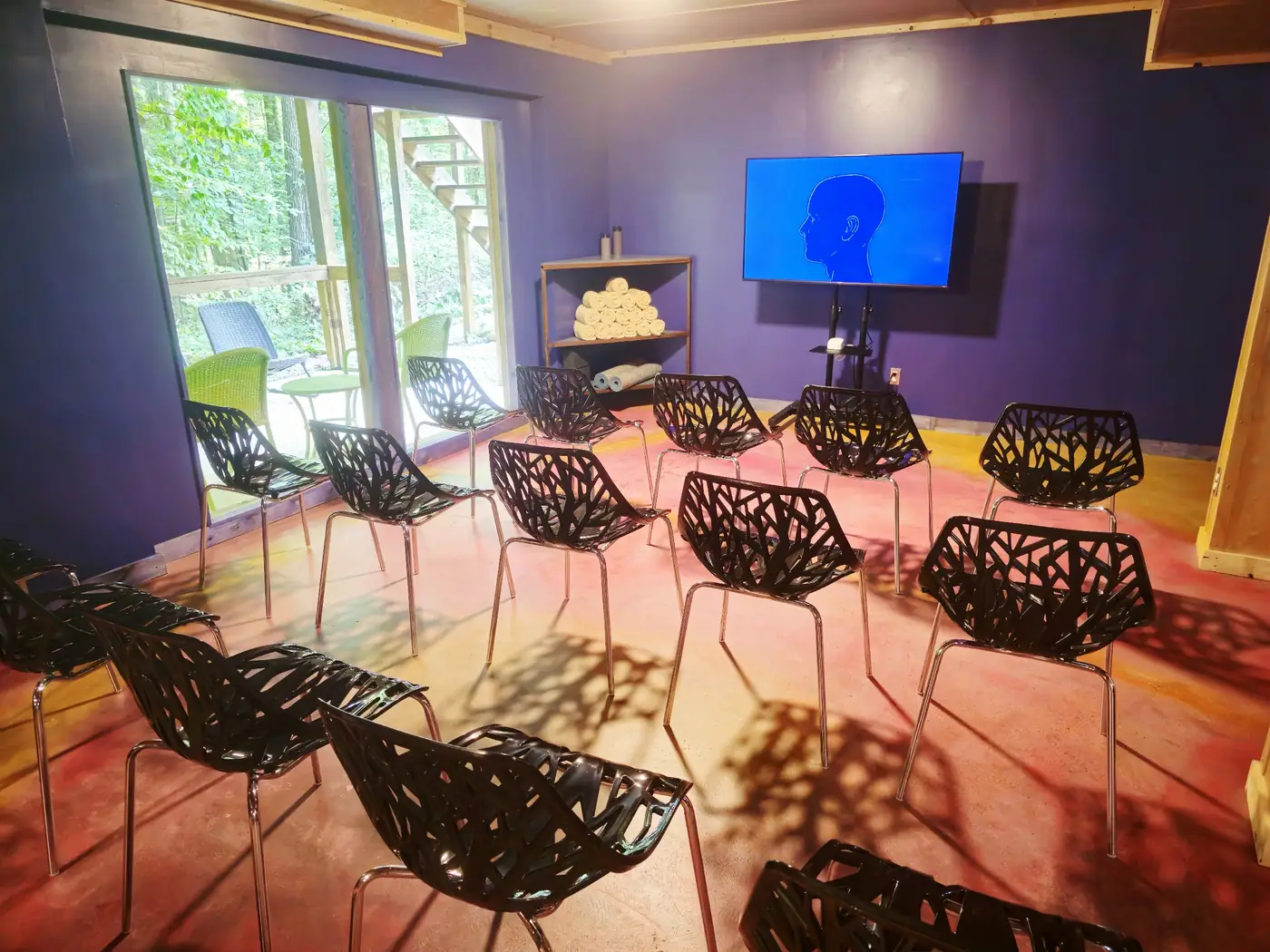Meeting space set up for a corporate team retreat in the Art Lodge