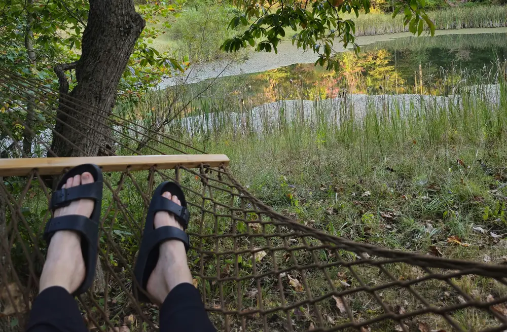 Hammock view at Art Bungalow for solo and couples retreat Raven’s Retreat Hocking Hills