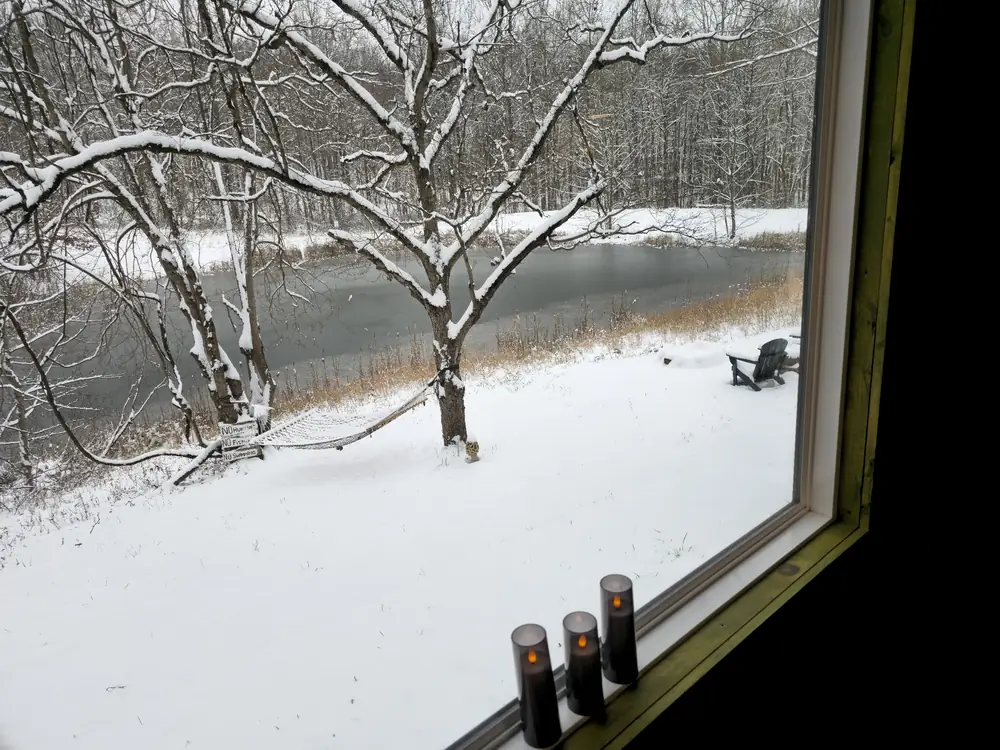 Art Bungalow waterview from bedroom at Raven’s Retreat Hocking Hills