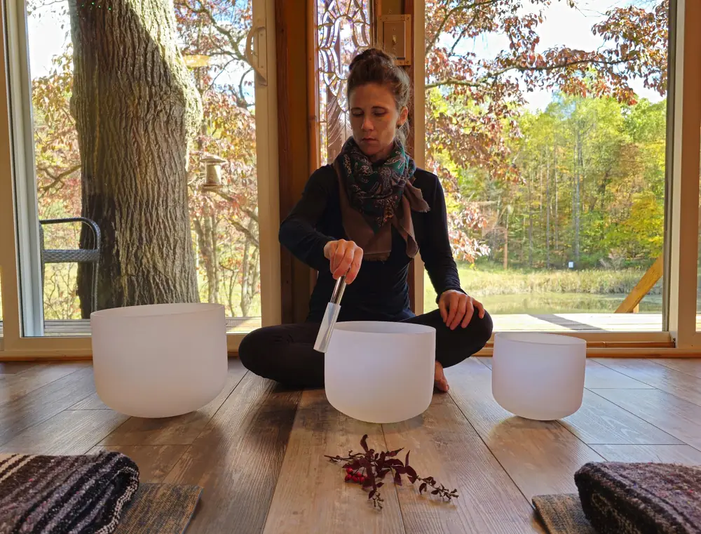 Sound bath at Art Bungalow for solo and couples wellness retreat at Raven’s Retreat Hocking Hills