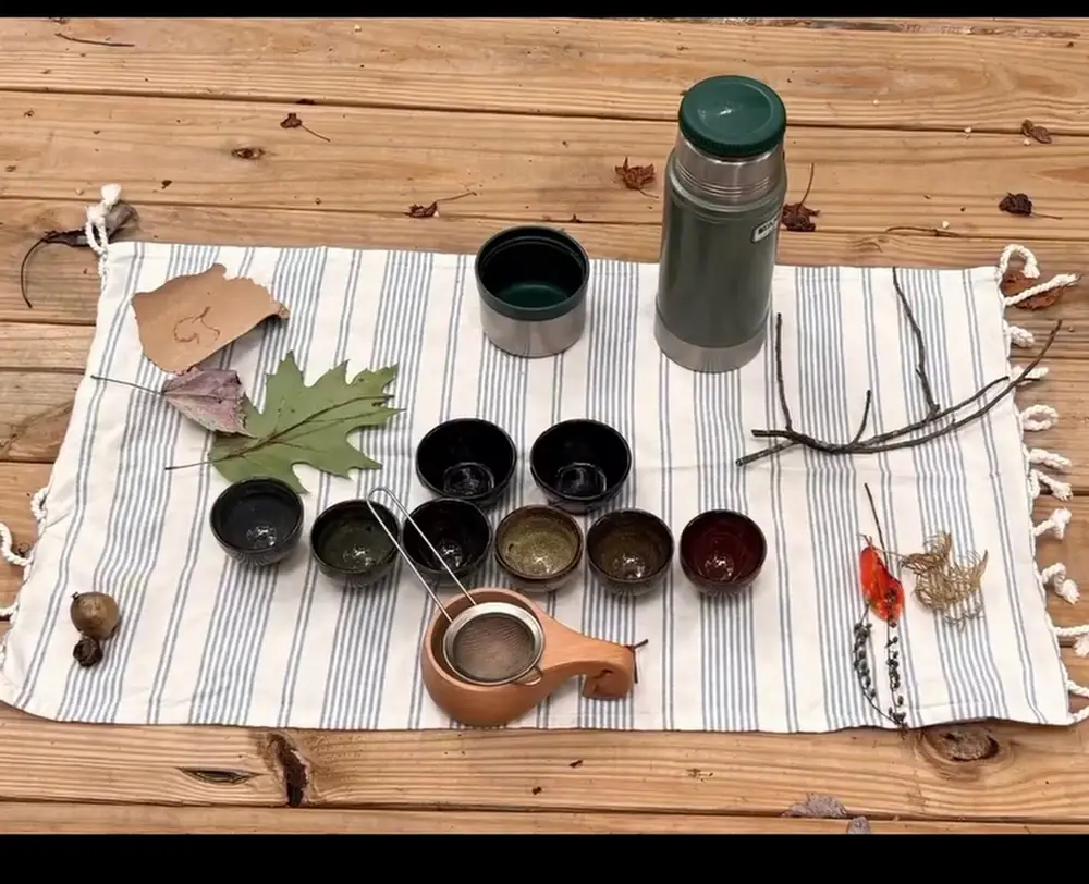 Forest bathing tea for group on wellness trail at Raven’s Retreat Hocking Hills