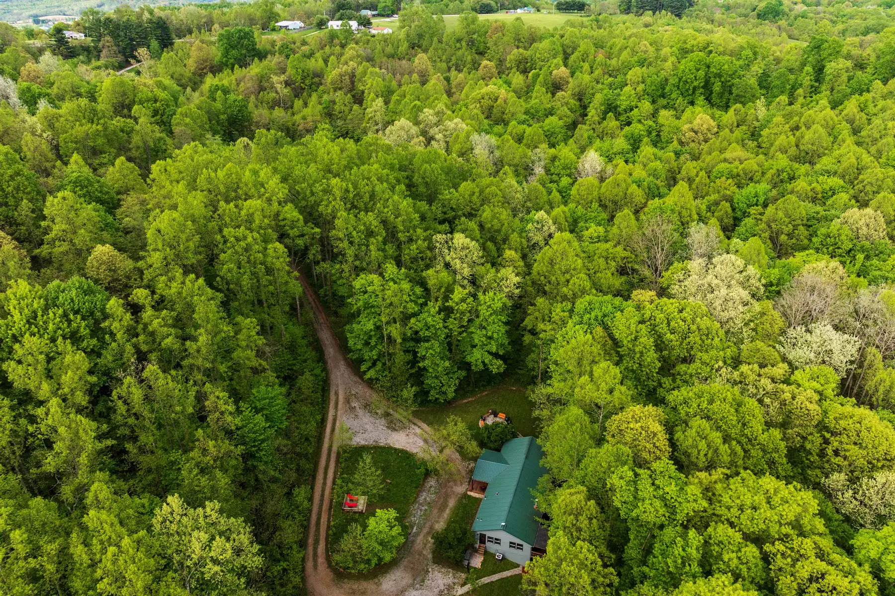 Aerial view across the private 58-acre nature preserve at Raven's Retreat Hocking Hills