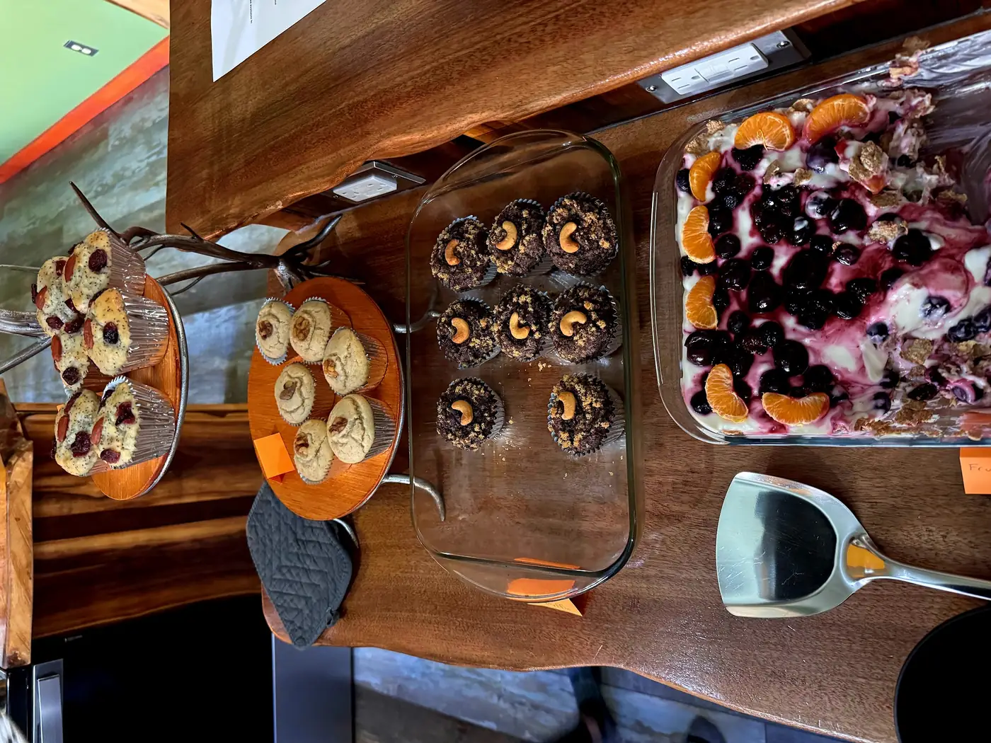 Chef-prepared breakfast laid out for a retreat group at Raven's Retreat