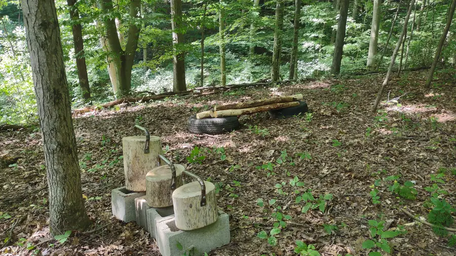 The functional fitness stations cut into the forest trail at Raven's Retreat Hocking Hills