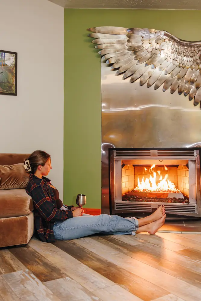 Art Lodge living room fireplace custom made by Dustin at Raven’s Retreat Hocking Hills