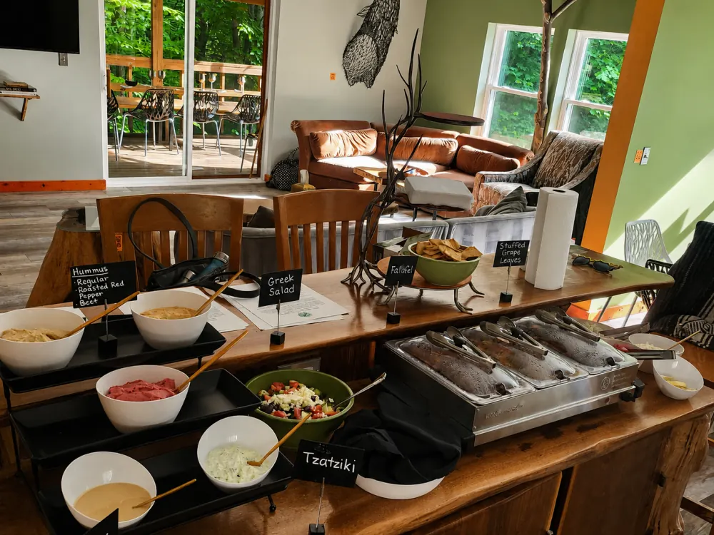 A plant-based buffet of hummus, falafel and Greek salad set out in the Art Lodge