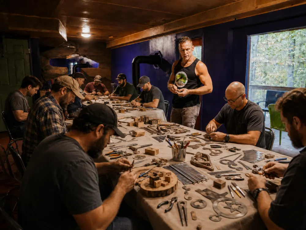 Dustin Weatherby leading a men's group sculpture workshop in the Art Lodge