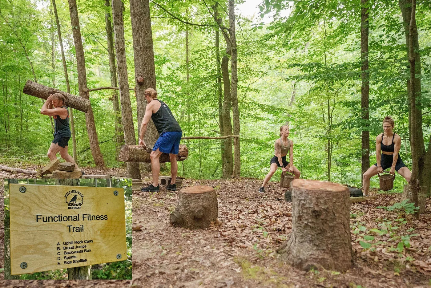 Guests training at the Functional Fitness Trail stations at Raven’s Retreat Hocking Hills