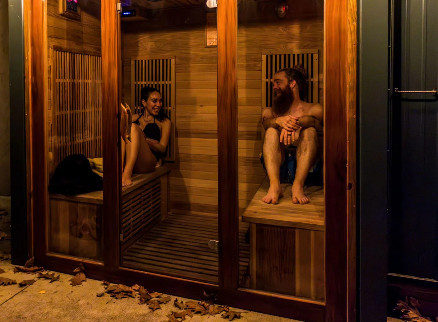 Guests relaxing in the cedar sauna after training at Raven’s Retreat Hocking Hills