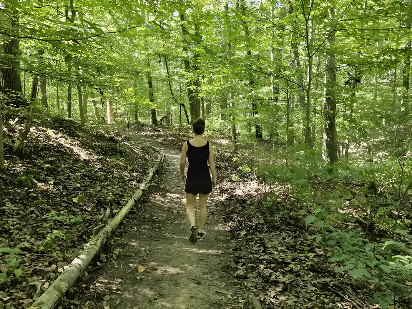 A lone guest walking the wooded trail through the preserve at Raven's Retreat Hocking Hills
