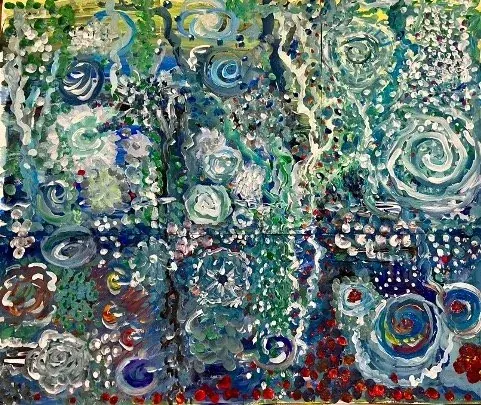 An abstract Intuition Painting of swirling blues, greens and whites made during a creative session