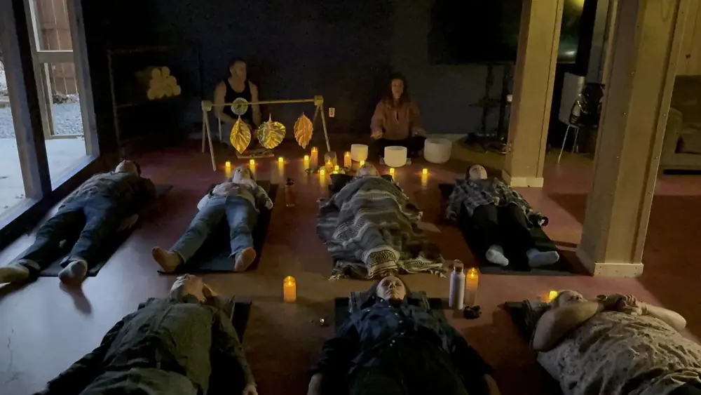Sound bath at Art Lodge for group wellness retreat at Raven’s Retreat Hocking Hills