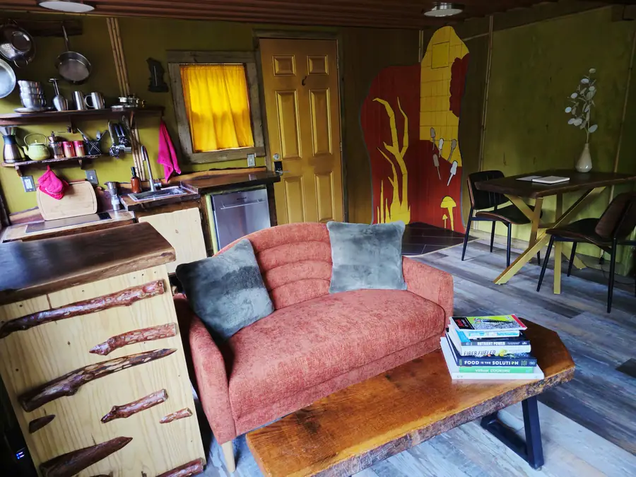 The living area of the Sculptor's Art Bungalow, set up for two